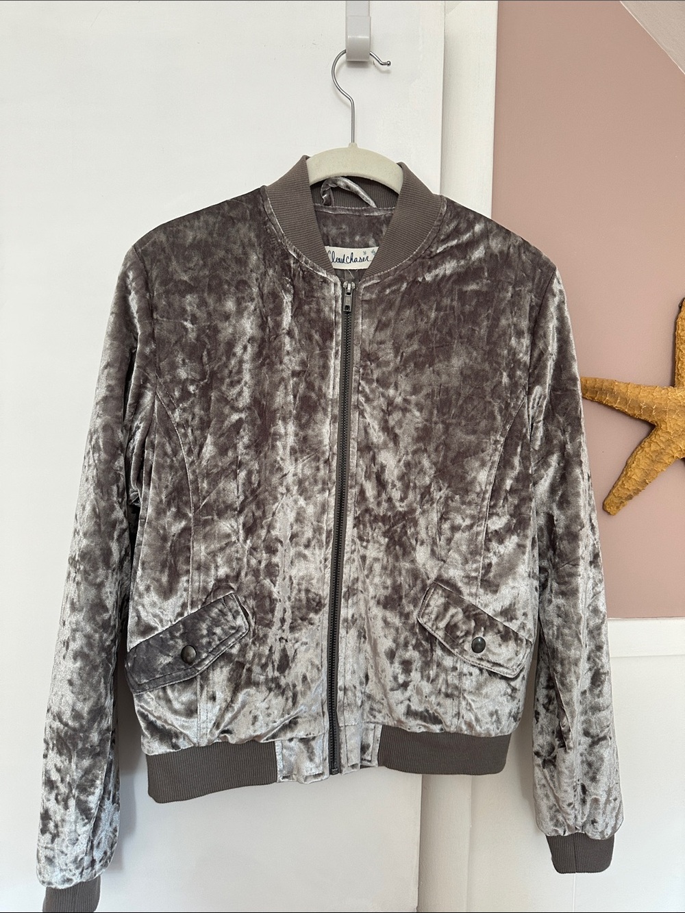 Velvet gray bomber jacket, cropped silver jacket, lightweight vintage zip jacket